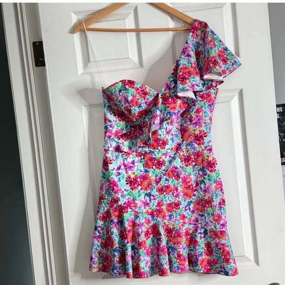 Amanda Uprichard Mini Dress One Shoulder Floral Watercolor Cotton Size Large - Picture 15 of 16